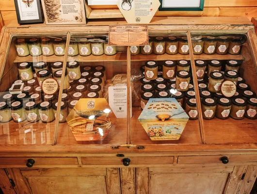 Jars of estate honey on display in the honey house at Cedar Hollow Oxford