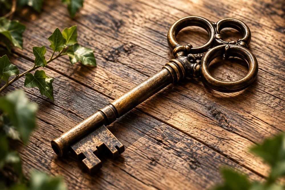An old brass key on weathered boards, ivy at the edges